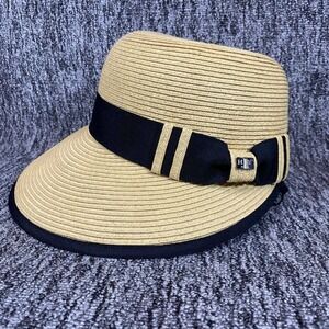 HBY Miami Straw Sun Hat Wide Brim Black Ribbon Bow Beach Bucket Visor Women OS